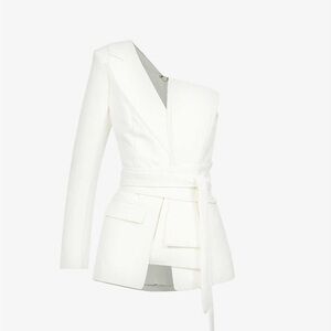 Lavish Alice One-Shoulder White Wrap Belt Blazer